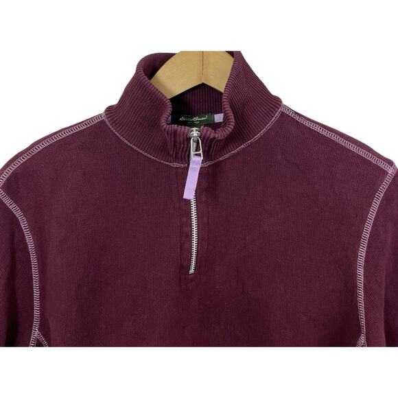 Eddie Bauer Men’s Pullover 1/4 Zip Mock Neck Burgundy Medium Cotton Sweatshirt - Picture 2 of 12